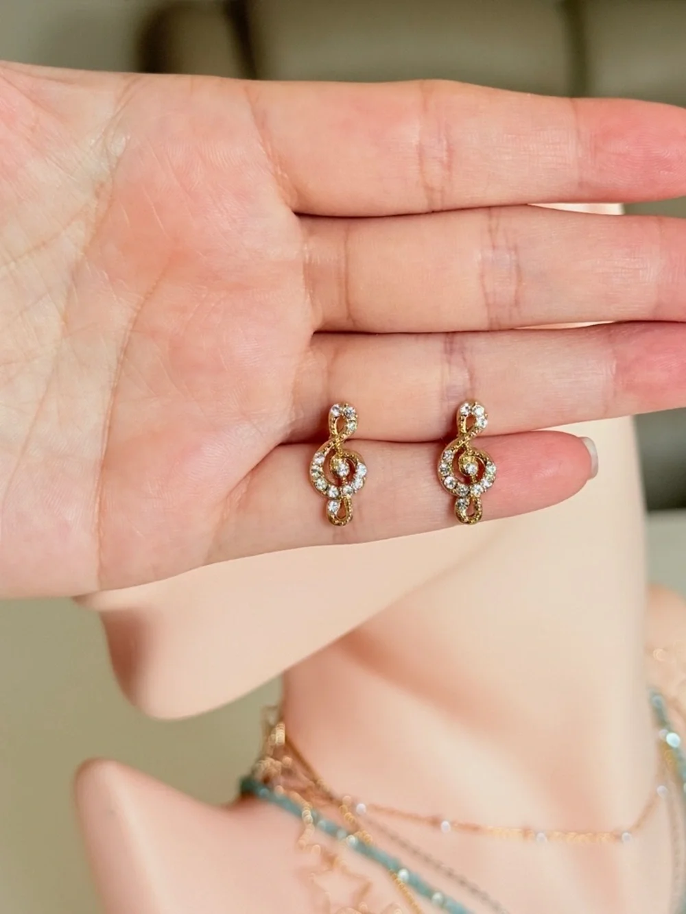 Gold Treble Clef Crystal Stud Earrings
